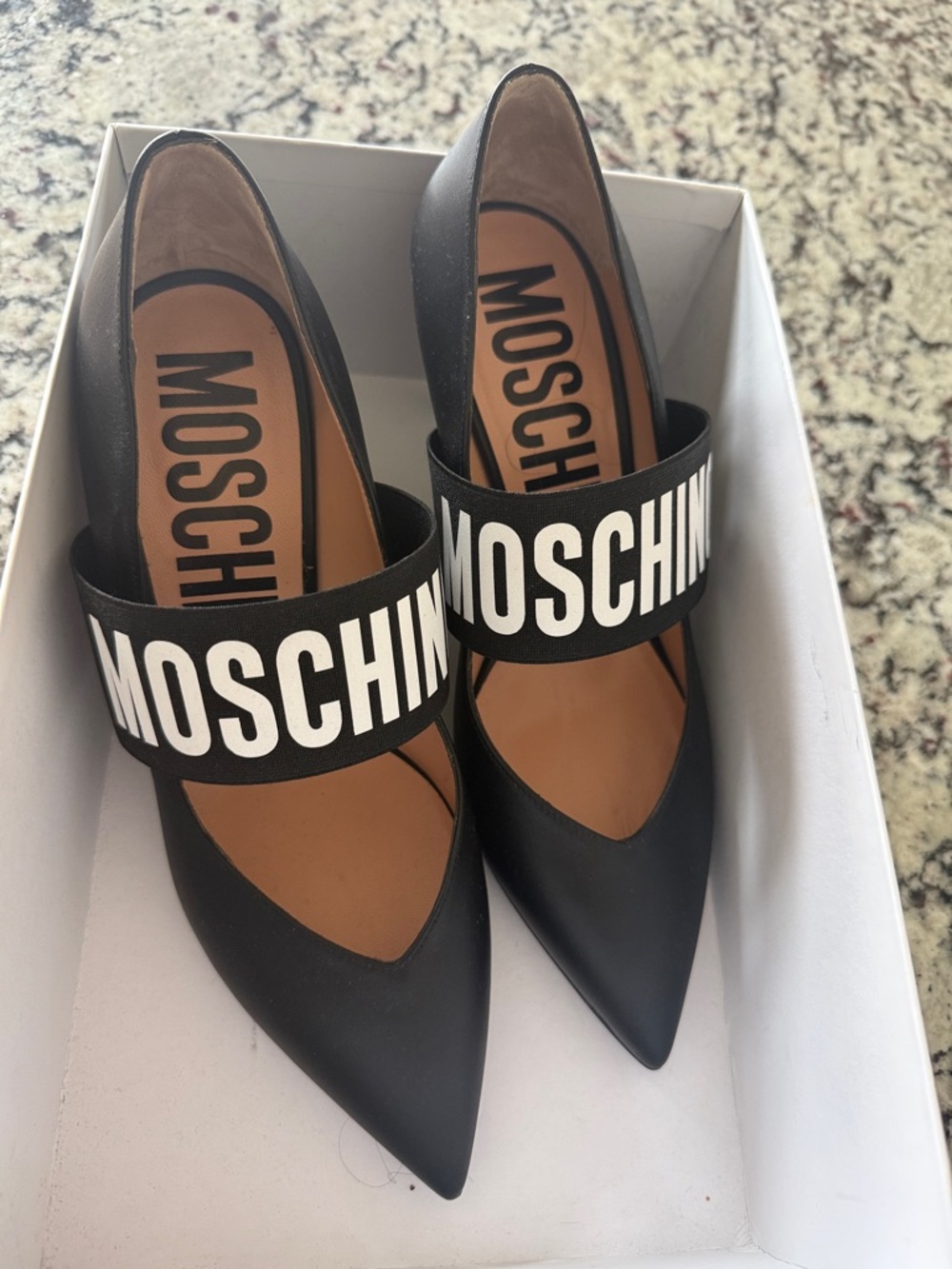Moschino Black Pointed Logo Strap Pumps